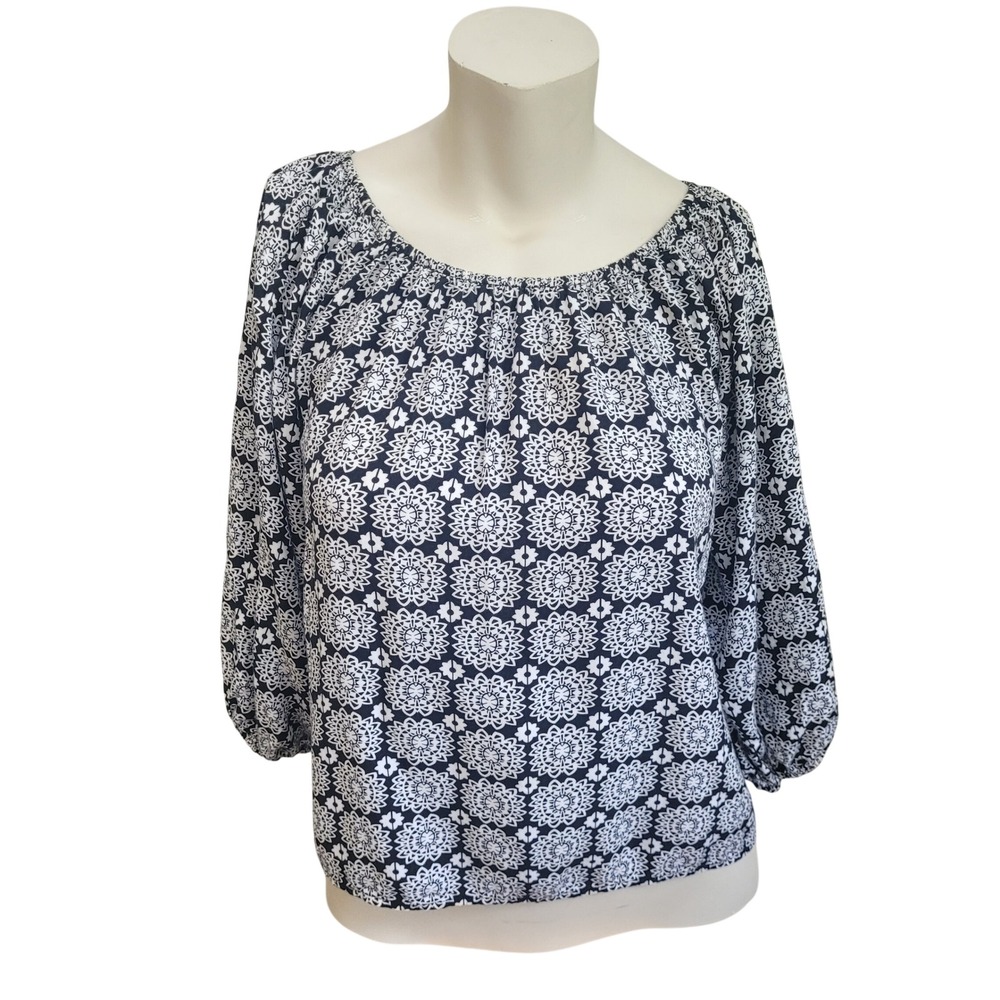 Ann Taylor Black White Floral Peasant‎ Blouse Shirt Top Small